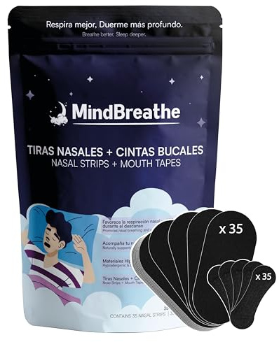 MindBreathe™ | 35 Tiras Nasales + 35 Cintas Bucales (Mouth Tape) | Reduce Ronquidos de Forma Natural | Respira Mejor al Dormir, Meditar o Entrenar | Sueño Profundo, Descanso y Rendimiento