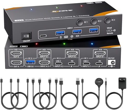 YOUTINGHDAV KVM Switch 3 PC 2 monitores USB-C, USB 3.0 Conmutador KVM Dual Monitor HDMI para 2 ordenadores portátiles, 1 ordenador de escritorio, 4 dispositivos USB 3.0, teclado, ratón, 85W -PD, 4K