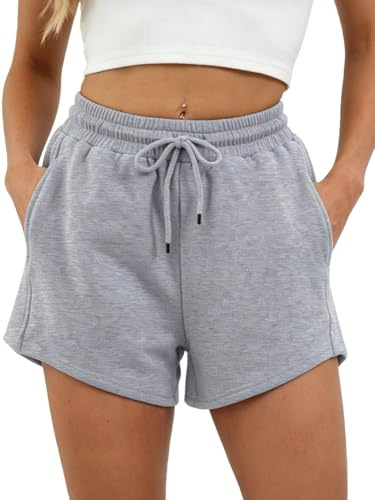 TMEOG Running Shorts Womens Cotton Loose Fit Sports Sweat Shorts with Pockets Casual Pyjama Bottoms High Waist（Gray,M）
