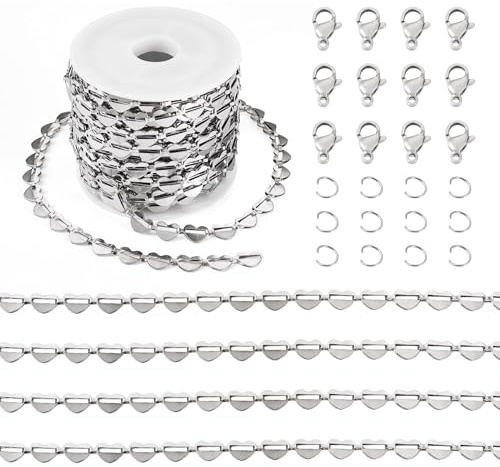 Craftora 5 m hjärtlänkkedjor i rostfritt stål, osvetsade förlängningskedjor med hummerlås, hoppringar för armband, halsband, smyckestillverkning