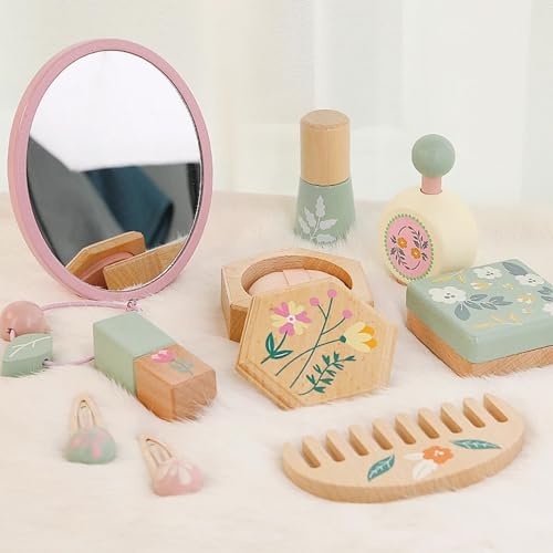 Jessruly Juego de maquillaje de madera – Kit de belleza para disfraces y juegos de rol, juguete de cosméticos creativos con espejo y bolsa para juego imaginativo