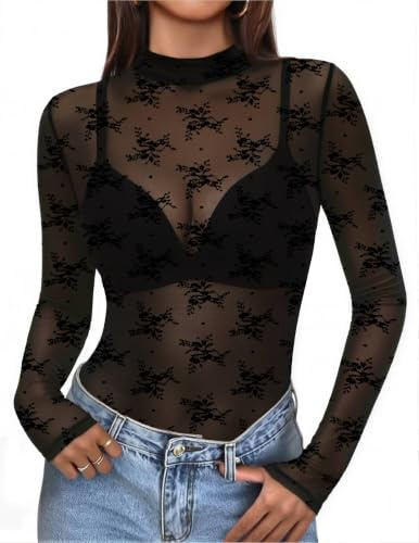 Zeagoo Women's Lace Top Sexy Mesh Long Sleeve Top See Through Tops for Women Transparent Blouse Party Outfits Black S