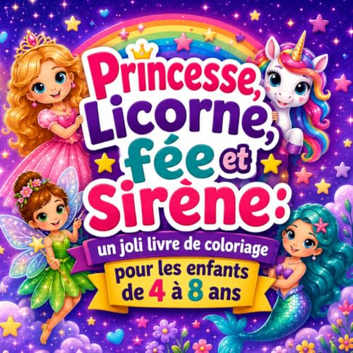 Princesse, licorne, fée et sirène, un joli livre de coloriage pour les enfants de 4 à 8 ans: 50 dessins magiques et faciles à colorier pour rêver, créer et s’amuser pendant de longues heures