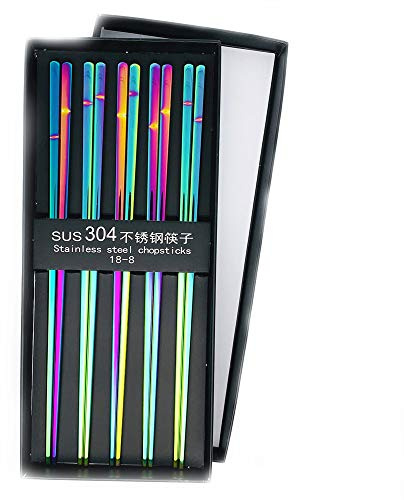 Koolemon 5pairs Polished Multicolor Rainbow 304 Stainless Steel Chopsticks Set,Metal Chopsticks Reusable, Dishwasher Safe, Traditional Chopstick,9.3inch,Chinese Japanese Chop stick
