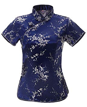 ACVIP Haut Qipao en Brocart Fleur de Prunier pour Femme Col Montant Manches Courtes Chemisier Chinois, bleu, 34-36