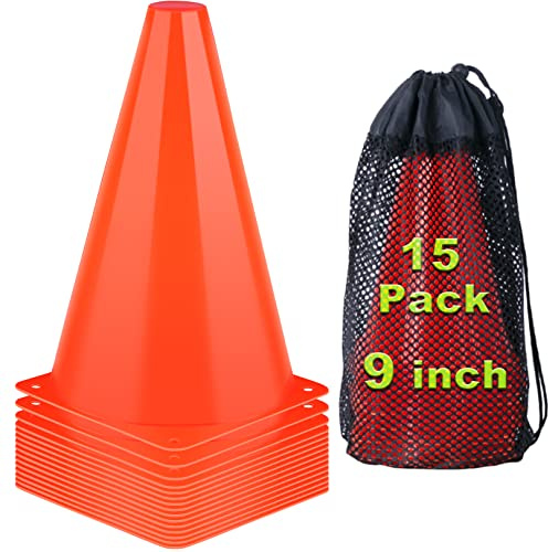 9 Inch Cones Sports, 15 Pack Orange Soccer Cones Training Agility Field Marker Plastic Traffic Cones for Football Basketball Drills Multipurpose Practice, Indoor Outdoor Games Activity Party Events