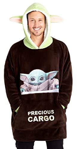 Get Trend Disney The Mandalorian Hoodie Blanket for Men Teens Fleece Wearable Blanket Warm Oversized Hoodie with Sherpa Hood Grogu Loungewear Baby Yoda Gifts (Brown/Green)