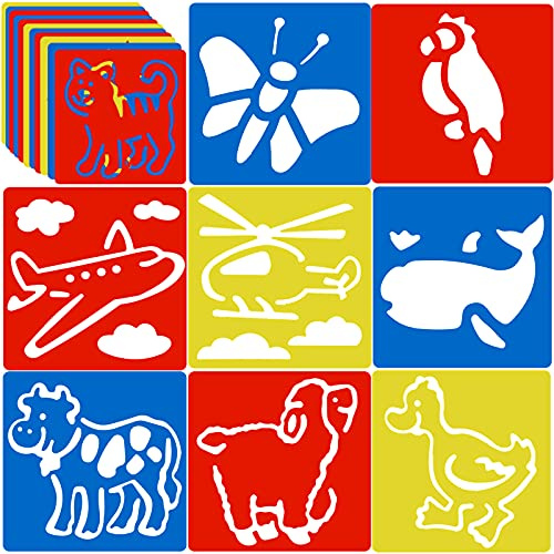 Peohud 36 Pieces Stencils for Kids, 6 x 5.6 Inch Drawing Chalk Stencils, Colorful Painting Animal Stencil Templates in Different Shape for Children to Learn Painting, Traffic Stencil