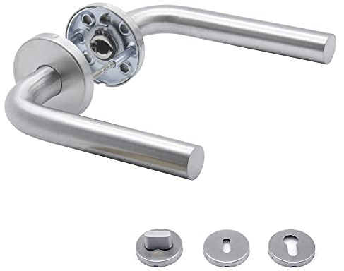 Dörrhandtag APECS handtagsset rumsdörrar INOX dörrhandtag för ytterdörr och innerdörrar dörrbeslag rund rosettuppsättning rostfritt stål matt L-modell H-0201, silver