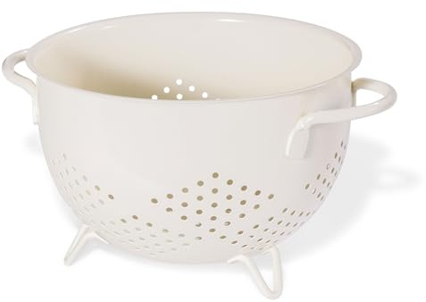 Metal Colander 5 Quart Powder Coated Self-draining Metal Strainer with Base,Kitchen Pasta Fruit Vegetable Basket with Double Handles (Cream)