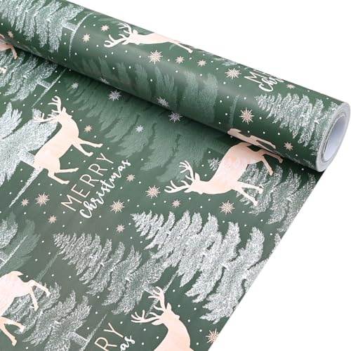 Green Christmas Wrapping Paper Roll, 43cm*10m Tree Reindeer Xmas Gift Paper