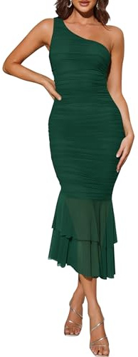 ZESICA Women's One Shoulder Summer Dress Sleeveless Mesh Ruched Bodycon Sexy Formal Cocktail Midi Dresses,DarkGreen,Medium