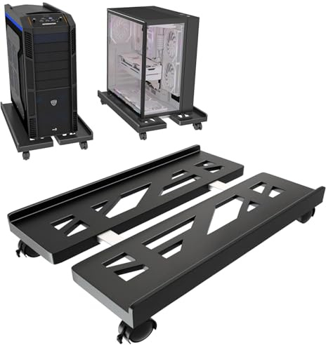 Hmseng Adjustable Pc Stand for Floor,Computer Tower Stand with 4 Rolling Caster Wheels, Mobile CPU Stand for Floor Carpet Gaming PC Case-Dark Black