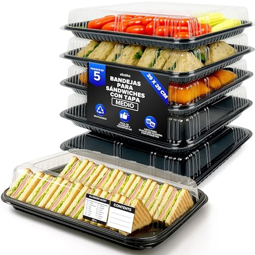 5 Pack Catering Trays with Lids – 15 Serving Tray with Lid, Heavy Duty Recyclable Plastic Party Platters for Catering, Buffet, Picnics & Events – Food Trays with Clear Lid (15.35 × 11.42 × 2.95 inch)
