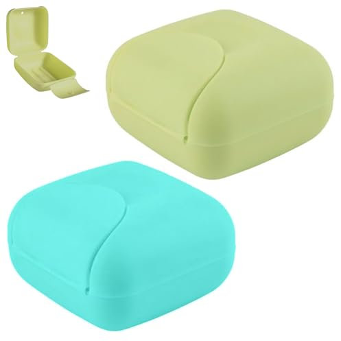 Lot de 2 boîtes à savon de voyage carrées scellées de petite taille avec couvercle pour la maison, l'extérieur, la gym, le camping, la randonnée (bleu + vert)