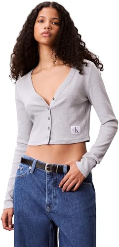Calvin Klein Donna Giacca in Maglia Woven Label Rib con Chiusura a Bottoni, Grigio (Bc06 Grey Heather), XS