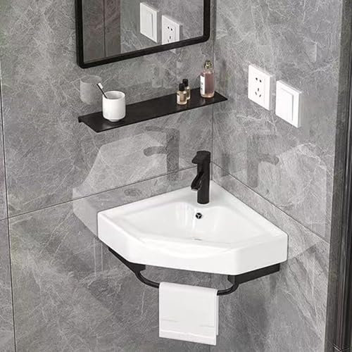 RIYUE_SHENGHENG Petit Lavabo d'angle，Vasque Murale en Céramique，Vasque Moderne en Céramique avec Robinet et Support en Acier Inoxydable，lavabo pour Petits Espaces，pour Hôtel Ou Balcon