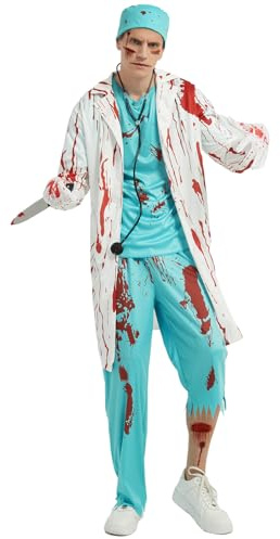 HERMORRYSS Disfraz Zombie Médico Hombres, Conjunto Traje Horror Cirujano, Halloween Disfraz Doctor, Terror, Traje de Médico Cirujano Zombi Disfraz, Carnaval Halloween Accesorio para Hombre Adulto (XL)