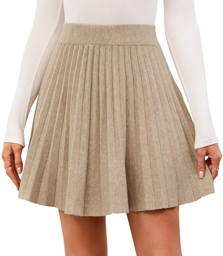 Genfien Jupes Femme A-Ligne Plissée Tricotée Taille Haute Ceinture élastiquée Automne Hiver Mini Skirt，Couleur Avoine，S