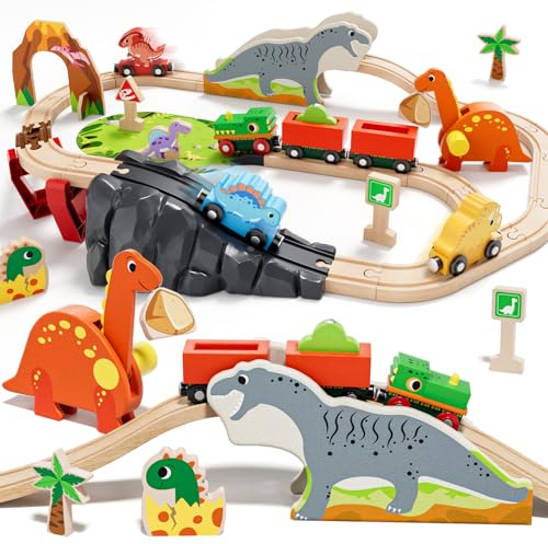 Lehoo Castle Holzeisenbahn, Holz Eisenbahn Kinder, Dinosaurier Spielzeug Holzeisenbahn Schienen, Dino Zug, Kompatibel mit Brio, Thomas (Dinosaurier)