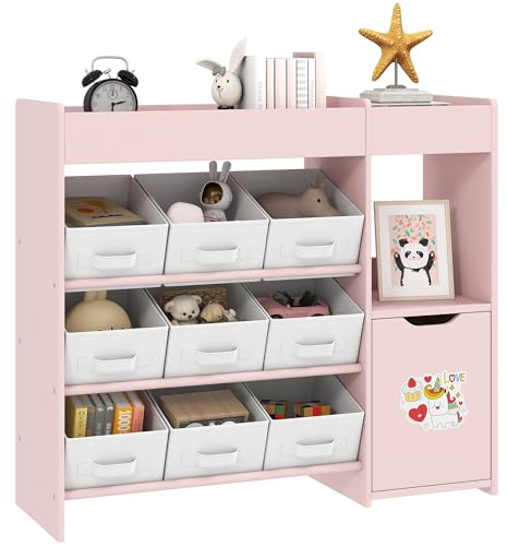 AIYAPLAY Meuble Rangement Enfant étagère de Rangement pour Jouets Enfants avec 9 tiroirs en Tissu et Placard pour Chambre d'enfant, Salle de Jeux, garderie, Rose