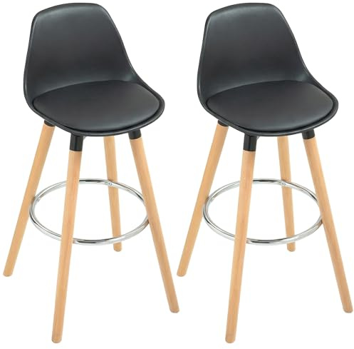 HOMCOM Lot de 2 tabourets de Bar, chaises de Bar en PU avec Dossier et Repose-Pieds, Assise rembourrée 69 cm, Pieds en Bois, Style Moderne, tabourets Hauts pour Cuisine, Salle à Manger, Salon, Noir