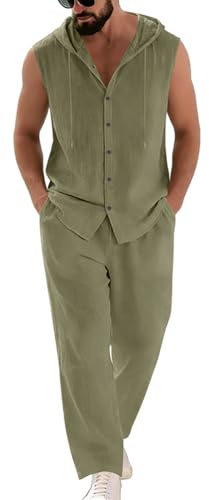 Oanviso Hombre 2 Piezas de Algodón y Lino Sin Mangas Camisa Tank Top con Capucha + Pantalones de Playa Deportivos Pantalón Completo Traje Conjuntos Verano A Ejercito Verde L