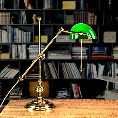 Licht-Erlebnisse Bankerlampe Grün, Schreibtischlampe Vintage Retro, Premium, Messing, Bürolampe, 47 cm, E27, flexibel, mit Arm, Jugendstil, Büro, Schreibtischleuchte