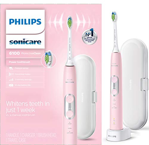 Philips Sonicare ProtectiveClean 6100 Rechargeable Electric Toothbrush, with Pressure Sensor, 3 Cleaning Modes, SmarTimer and QuadPacer, 14-Day Battery Life, Travel Case, Pink, Model HX6876/21