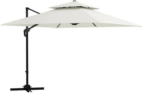 Outsunny Parasol déporté carré 3 x 3 m double toit inclinable pivotant manivelle lestage inclus métal polyester beige