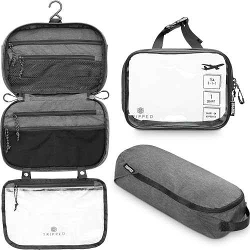 Toalettväska kit set: hängande resenecessär + 311 TSA kosmetisk vätskepåse + ultralätt tillbehörsorganiseringspåse, Grått, 3-delat toalettset