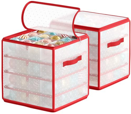 SONGMICS Plastic Christmas Ornament Storage Boxes, 2 Pack Christmas Ball Organisers, 7.6 cm 64 Compartments, Removable Dividers, Cherry Red RFB029T02