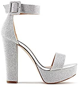 MODELISA - Sandalia Tacón Ancho Con Plataforma Hebilla Pulsera Tobilla Mujer (Plata, numeric_38)