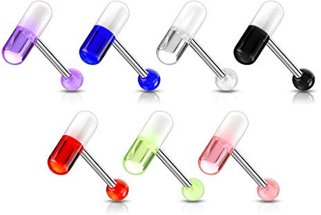 Paula & Fritz® Zungenpiercing Chirurgenstahl Acryl Zweifarbige Pille 16mm Stablänge 1,6mm Stabdicke Mehrfarbig 5er Set Barbell Edelstahl Gerade Hantel