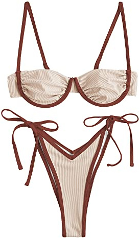 ZAFUL Women's Underwire Bikini High Cut Bikini Set Tie Side Bottom Two Piece Swimsuit Bathing Suit (2-Milk Tea,S)