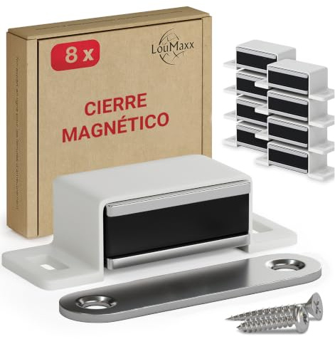 LouMaxx Cierre magnético fuerte, juego de 8 unidades, color blanco, para puertas de armarios y muebles con fuerza de sujeción de 4 kg, cierre magnético, incluye material de montaje