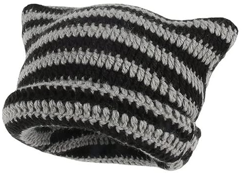 Women's Cat Beanie Crochet Hats with Ears Knitted Slouchy Cap (Black)