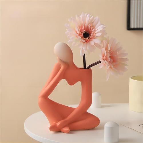 Thinker Vase Statue, Abstract Figure Flower Pot, Modern Arts Decorative Vase, Nordic Thinker for Home Office Table Shelf Decoration (Orange)