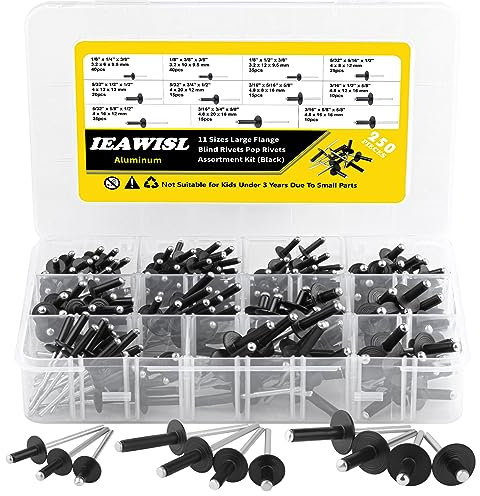 250 Stück Aluminium-Blindnieten mit großem Flansch, 11 Größen Blindnieten Sortiment - M3.2, M4, M4.8, Pop-Nieten mit Flachkopf Popnieten Sortiment mit für Metall Holz Kunststoff(Schwarz)
