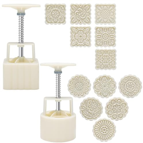 Luxiv Moon Cake Mould, 12 PCS Pattern Hand-Pressure Mooncake Molds for Mid-Autumn DIY Pastry Tool 2 Set with 6pcs Round Flower Mooncake Mode and 6 Pcs Square Pattern Mooncake Mould (White, 100g)