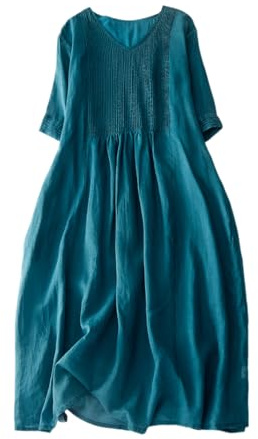 ORANDESIGNE Abito Lino Lungo Donna Scollo V Manica Corta Abito Midi Largo Leggero Estivo Vestiti Sciolto Mare Vestito Elegante Casual Tinta Unita Spiaggia Abiti Boho Vestito Lungo A Blu XXL