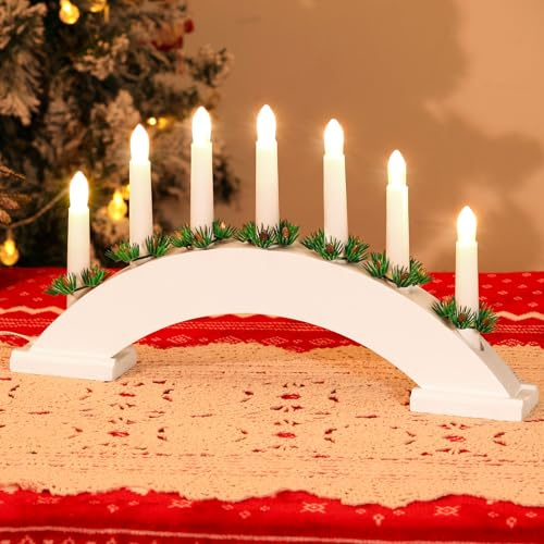 Lewondr Christmas Swedish Candelabra, 7 Taper Flameless Candles with USB Powered, Christmas Window Candle Light with Pine Needles, Wooden Candle Bridge Light for Xmas Decoration Wedding, White