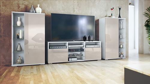 Vladon Wohnwand Davos, Anbauwand bestehend aus 2 Vitrinen und 1 TV-Board, Weiß matt/Sandgrau Hochglanz (329 x 134 x 35 cm)
