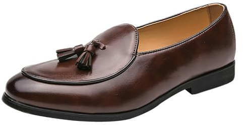 ANUFER Lågtopp tofs-loafer för män klassiska slip-on formella finskor, Kaffe, 10.5 UK