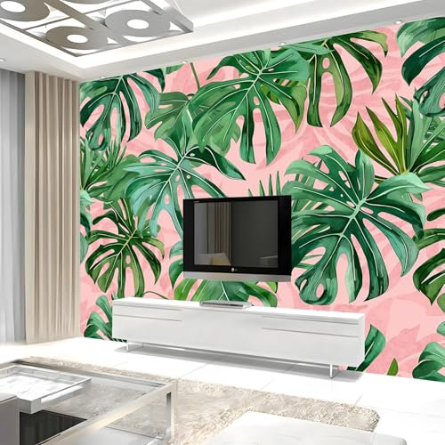 Fotomurales 250 x 175 cm Papel pintado tejido no tejido Murales Decoración Hojas Tropicales Verdes Sala Cuarto Oficina Pared Decoración Rosa Moderna Fondo De Pantalla Murales