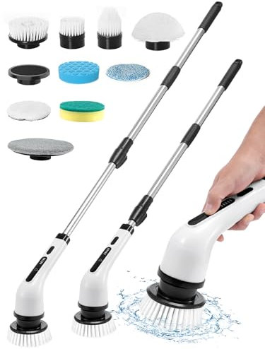 Youyijia Electric Spin Scrubber - Cordless Power Scrubber with 9 Replaceable Brush Heads & Toilet Brush, Portable Cleaning Brush, 2 Speeds, Adjustable Extension Arm, for Floors, Tub, Tile