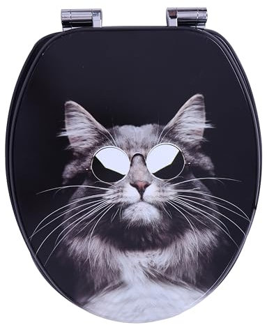 Yelcona WC Sitz mit Absenkautomatik mit Motiv, Klobrille mit hohem Sitzkomfort, WC Deckel mit robustem und stabilem Holzkern, hochwertiger Toilettendeckel aus Holz (Cool Cat)