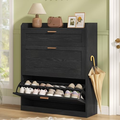 KIMENICH Schuhschrank mit 2 Klappen, Schublade, Schuhkipper Schmal, Trennwand Verstellbar, für 12-16 Paar Schuhe, Flur, Eingangsbereich, 24 x 80 x 104 cm, Schwarz