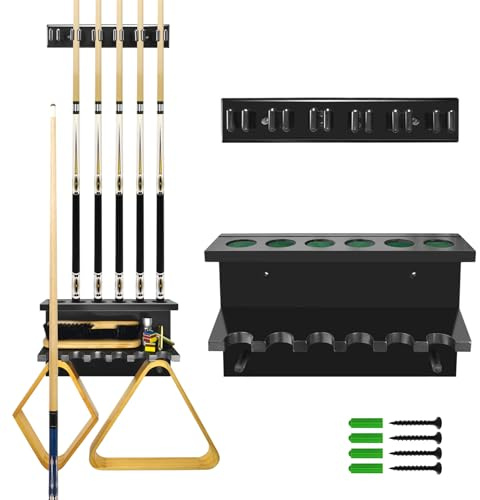 Naissgo Wall Mount Pool Stick Holder, Wood Billiards Cue Rack, Pool Cue Set Holder For 6 Cues Sticks Storage, Table Accessories Equipment Organizer