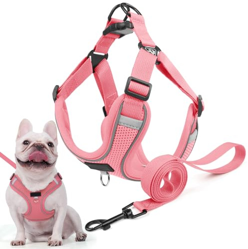 Hundsele för små medelstora hundar, anti-drag reflekterande valpsele med koppel, justerbar air mesh andas bröstsele för hundar promenader, träning och resor (rosa, M)